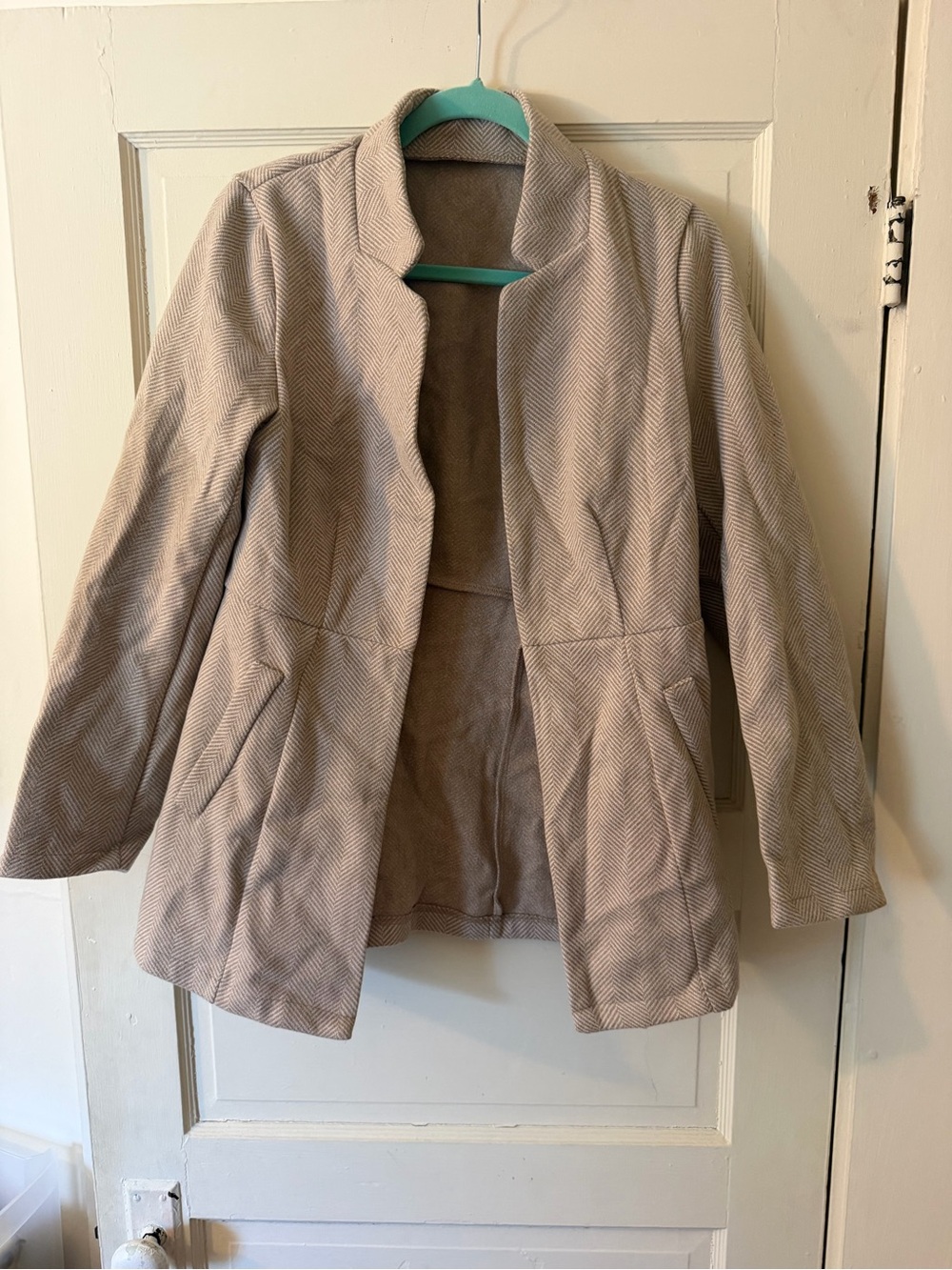 Women’s Cream Herringbone Open-Front Coat